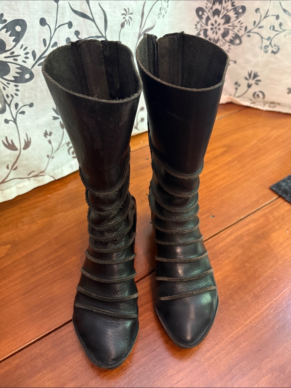 Women’s Black Leather Mid-Calf Heeled Boots with Strap Detailing